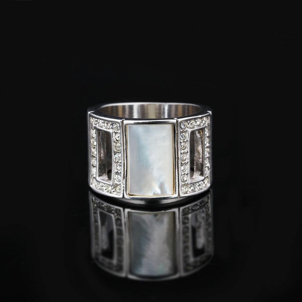 Simple Style Zinc Alloy Rhodium Plated Hollow Party Rings with Square Shell Stone – Trendy Jewelry for Women - Personalized Jewel