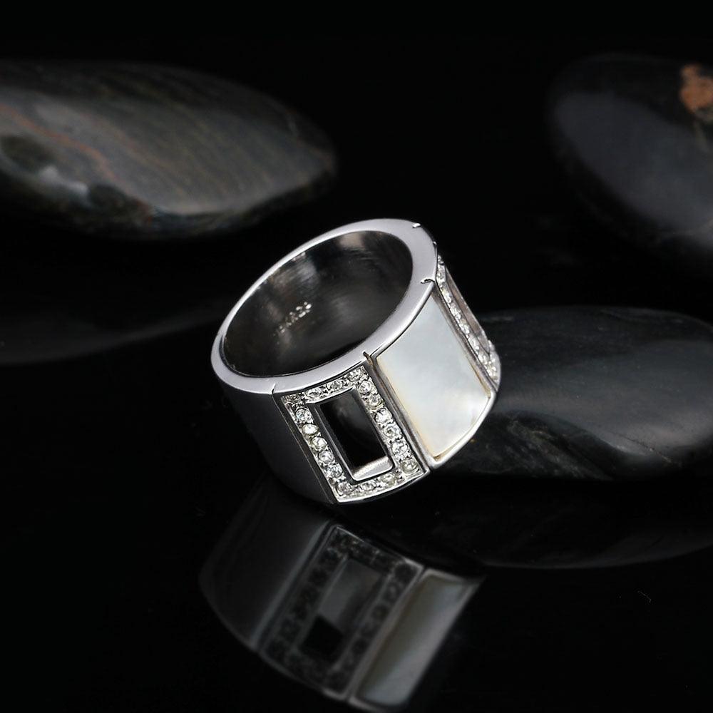 Simple Style Zinc Alloy Rhodium Plated Hollow Party Rings with Square Shell Stone – Trendy Jewelry for Women - Personalized Jewel