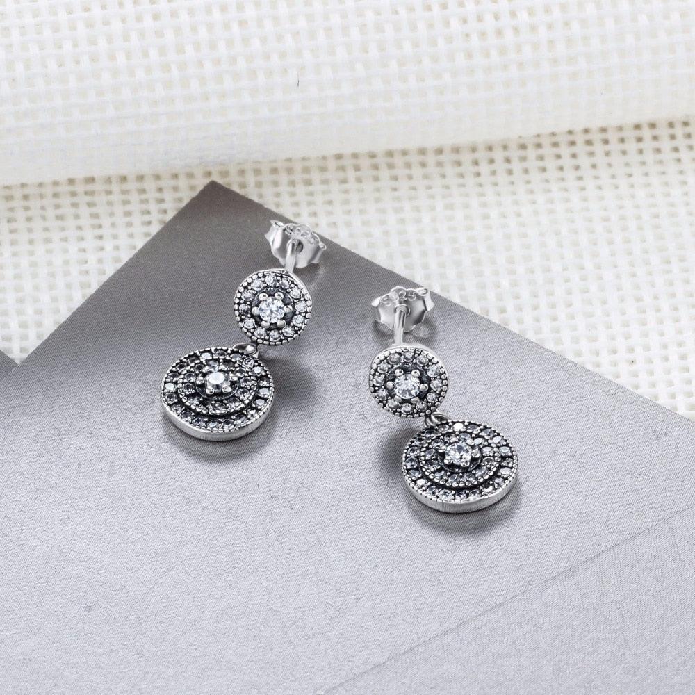 Solid 925 Sterling Silver Drop Earrings - Zirconia Stones Earring For Women - Double Round Trendy Ear Jewelry for Women - Fashion Stud Earring For Women - Perfect All Day Wear Drop Earring - Personalized Jewel
