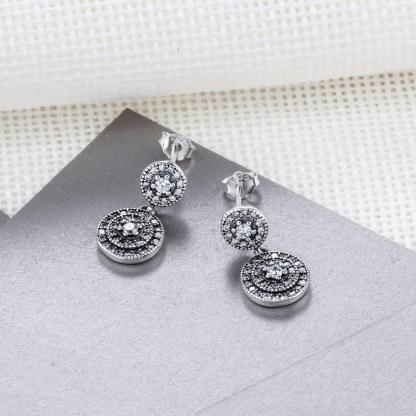 Solid 925 Sterling Silver Drop Earrings - Zirconia Stones Earring For Women - Double Round Trendy Ear Jewelry for Women - Fashion Stud Earring For Women - Perfect All Day Wear Drop Earring - Personalized Jewel