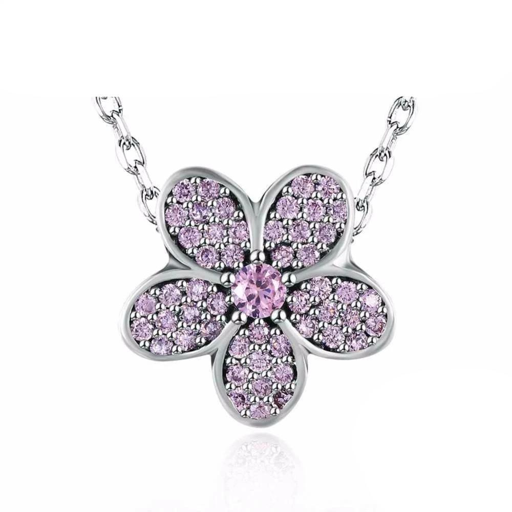 Solid 925 Sterling Silver Necklace Flower Design Purple CZ Stone Jewelry Necklaces & Pendants For Women - Personalized Jewel