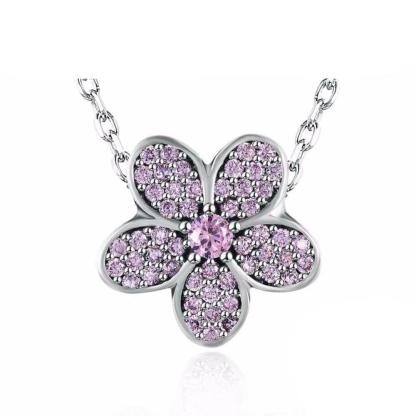 Solid 925 Sterling Silver Necklace Flower Design Purple CZ Stone Jewelry Necklaces & Pendants For Women - Personalized Jewel