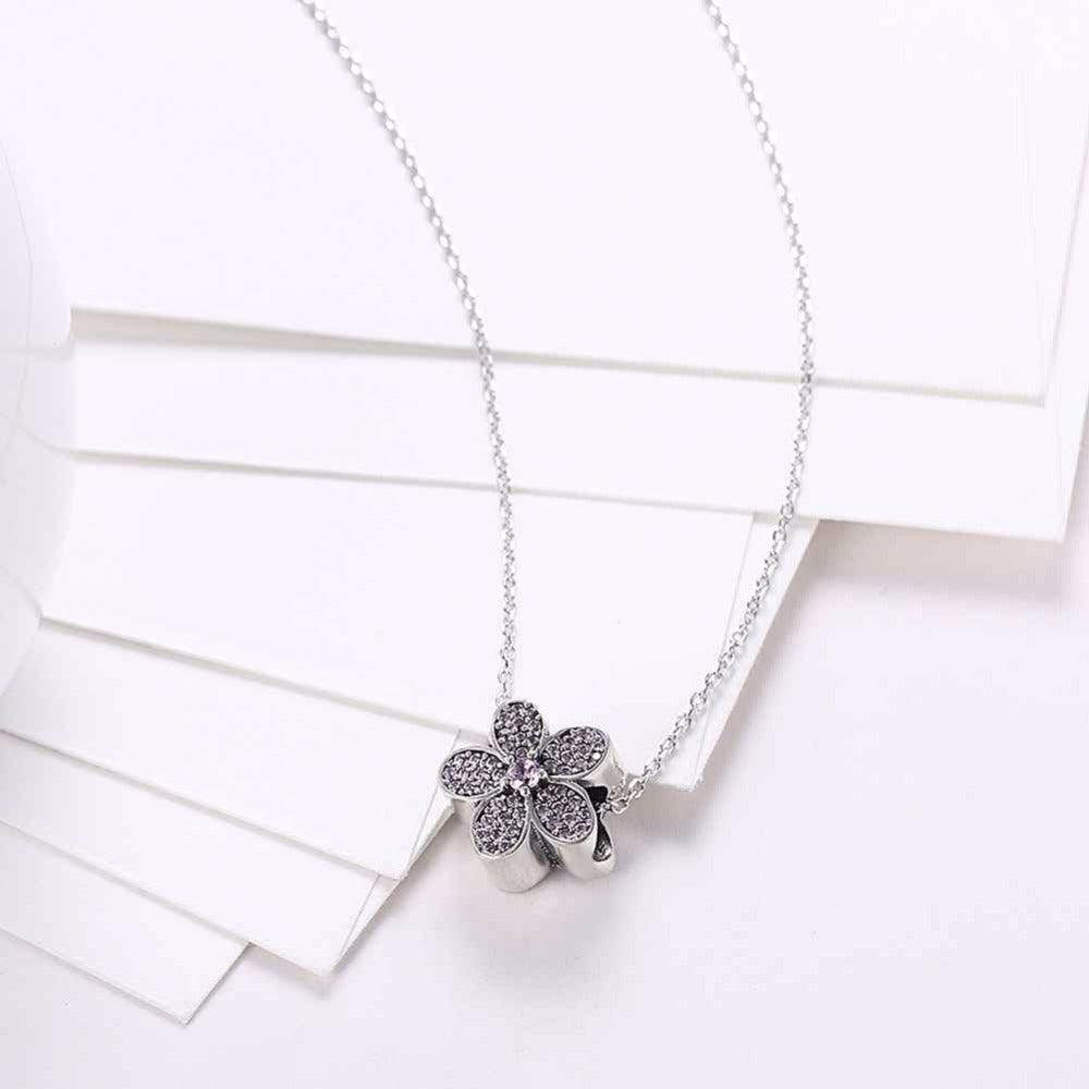 Solid 925 Sterling Silver Necklace Flower Design Purple CZ Stone Jewelry Necklaces & Pendants For Women - Personalized Jewel