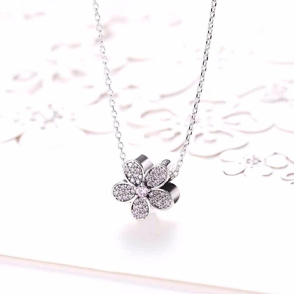 Solid 925 Sterling Silver Necklace Flower Design Purple CZ Stone Jewelry Necklaces & Pendants For Women - Personalized Jewel