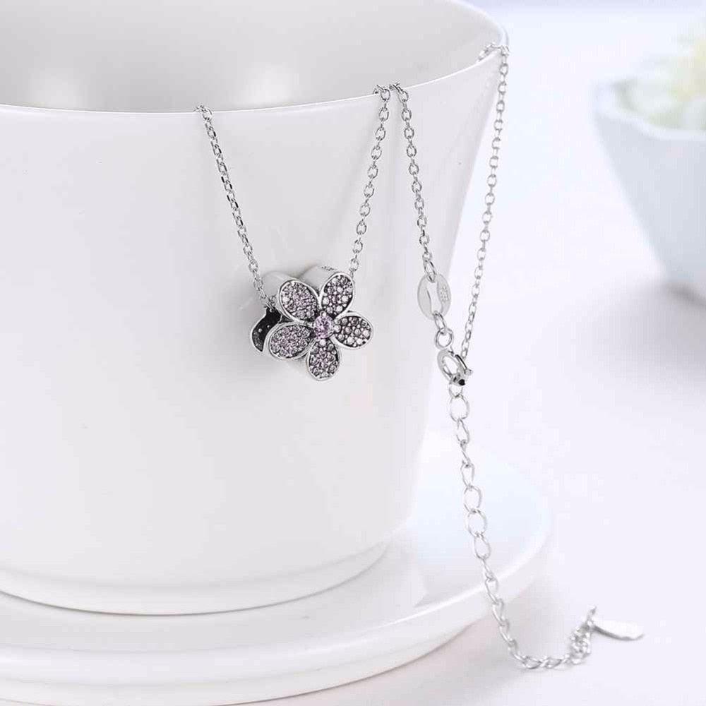 Solid 925 Sterling Silver Necklace Flower Design Purple CZ Stone Jewelry Necklaces & Pendants For Women - Personalized Jewel