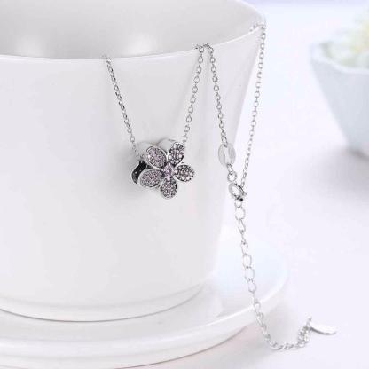 Solid 925 Sterling Silver Necklace Flower Design Purple CZ Stone Jewelry Necklaces & Pendants For Women - Personalized Jewel