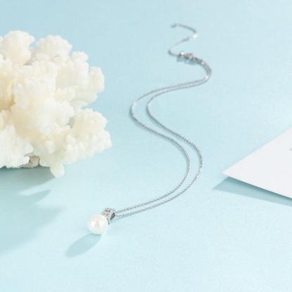 Solid 925 Sterling Silver Necklace with Simulated-Pearl Pendant, Trendy Fashion Party Jewelry for Women - Personalized Jewel