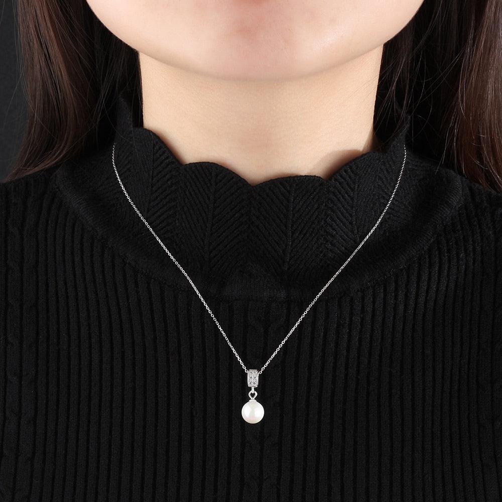 Solid 925 Sterling Silver Necklace with Simulated-Pearl Pendant, Trendy Fashion Party Jewelry for Women - Personalized Jewel