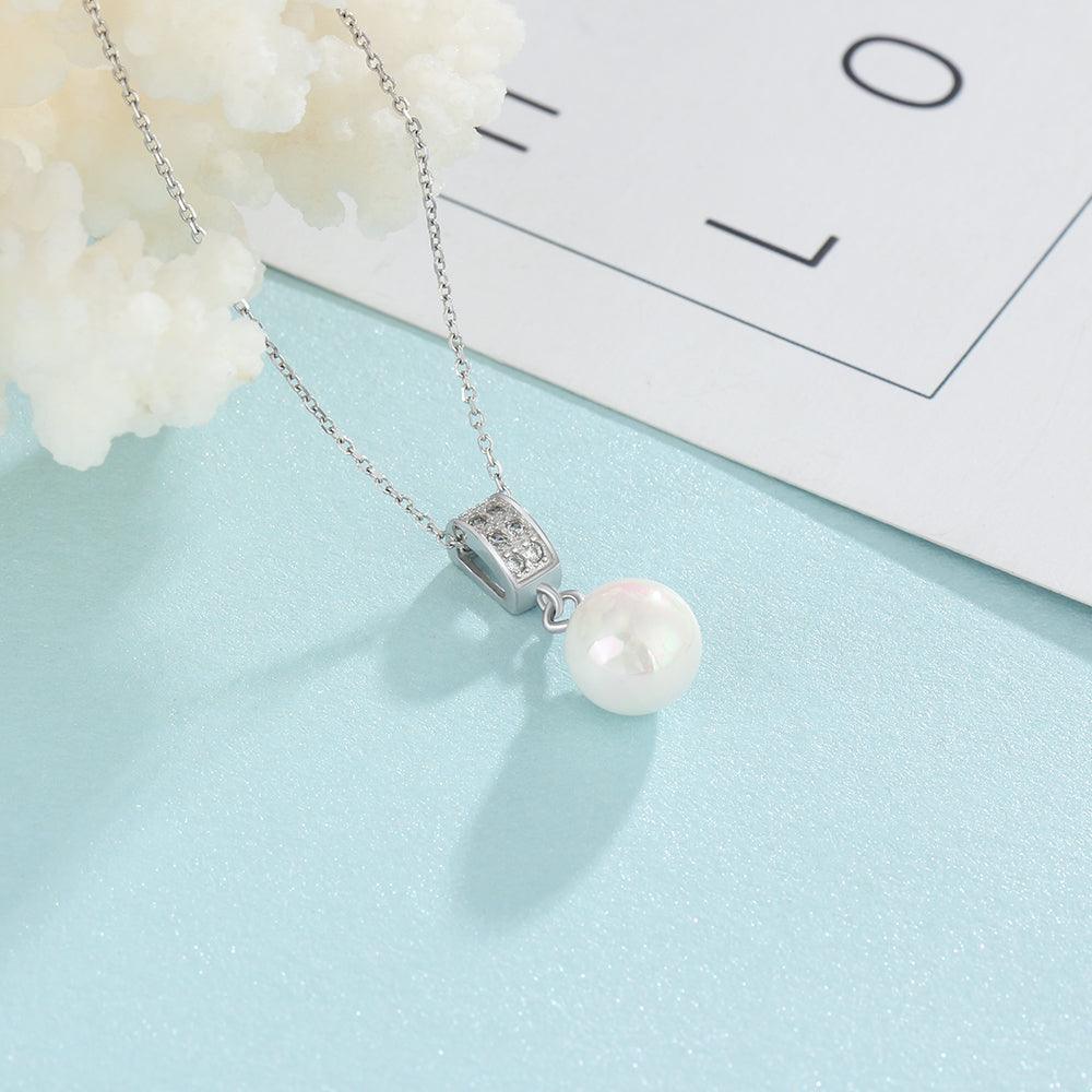 Solid 925 Sterling Silver Necklace with Simulated-Pearl Pendant, Trendy Fashion Party Jewelry for Women - Personalized Jewel