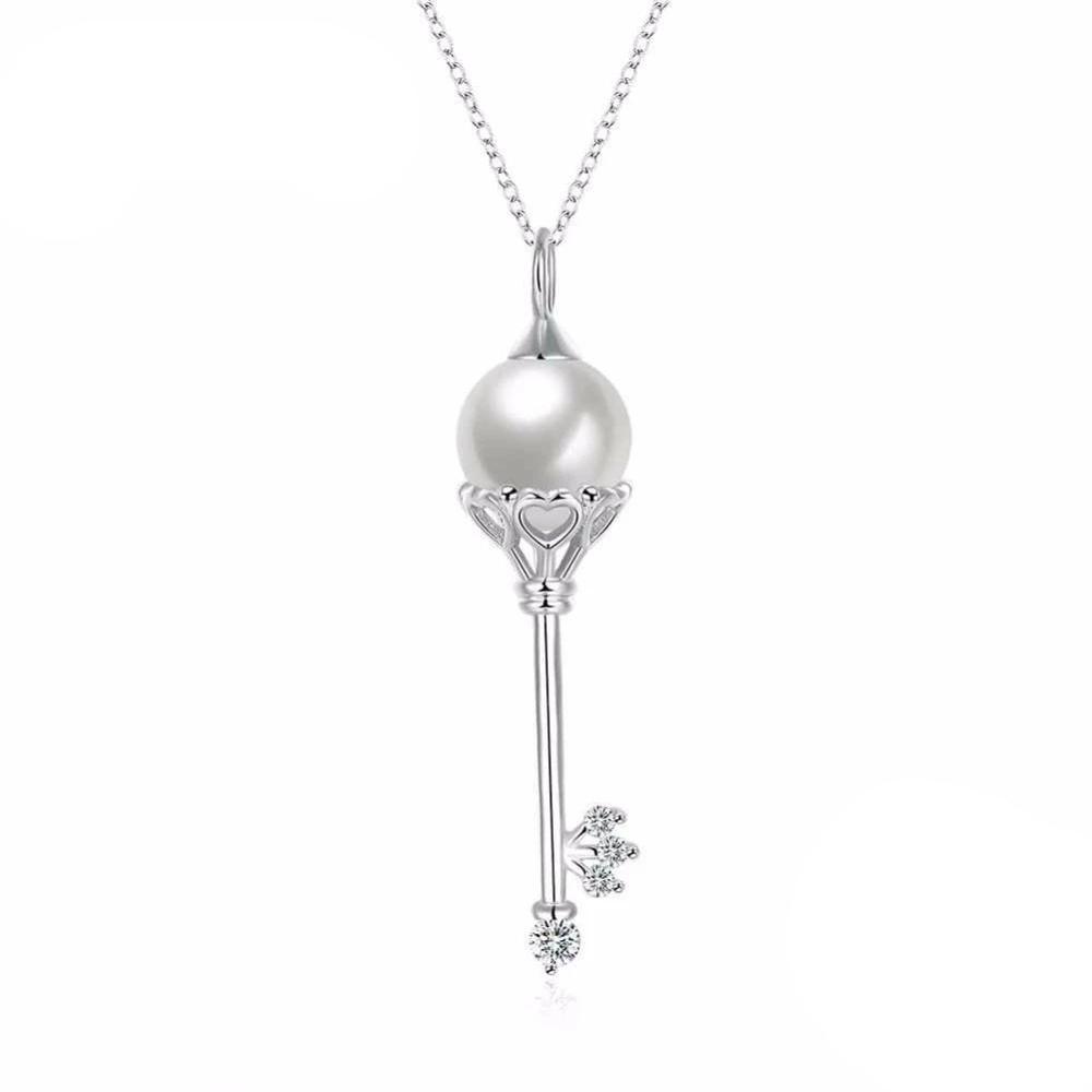 Solid Women’s 925 Sterling Silver Necklace with Key Design Simulated Pearl Pendant, Trendy Fashion Jewelry for Girls - Personalized Jewel