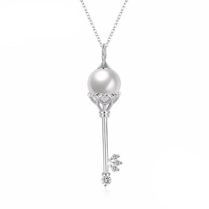 Solid Women’s 925 Sterling Silver Necklace with Key Design Simulated Pearl Pendant, Trendy Fashion Jewelry for Girls - Personalized Jewel