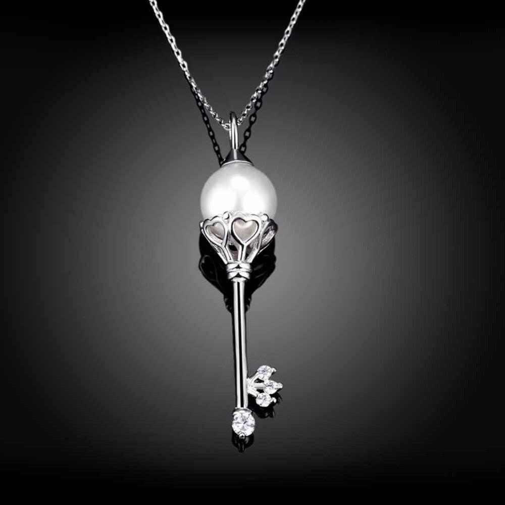 Solid Women’s 925 Sterling Silver Necklace with Key Design Simulated Pearl Pendant, Trendy Fashion Jewelry for Girls - Personalized Jewel