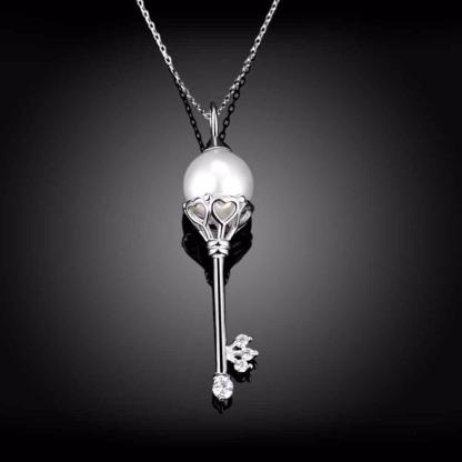 Solid Women’s 925 Sterling Silver Necklace with Key Design Simulated Pearl Pendant, Trendy Fashion Jewelry for Girls - Personalized Jewel