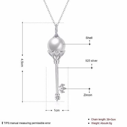 Solid Women’s 925 Sterling Silver Necklace with Key Design Simulated Pearl Pendant, Trendy Fashion Jewelry for Girls - Personalized Jewel