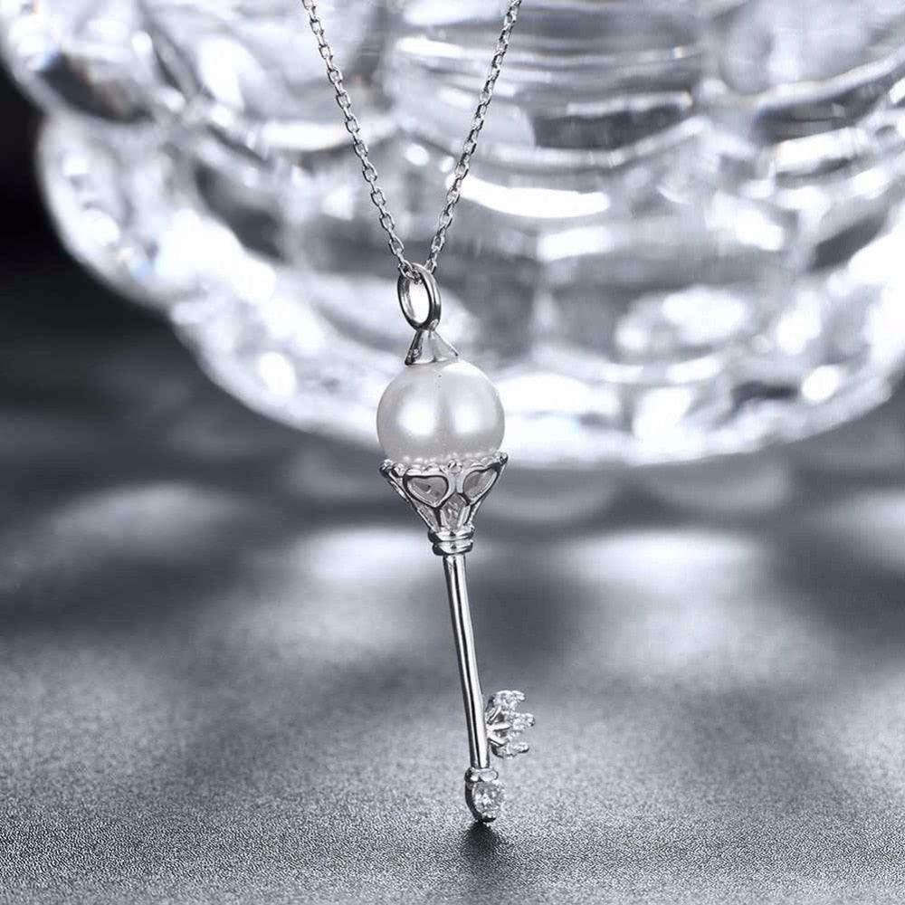 Solid Women’s 925 Sterling Silver Necklace with Key Design Simulated Pearl Pendant, Trendy Fashion Jewelry for Girls - Personalized Jewel