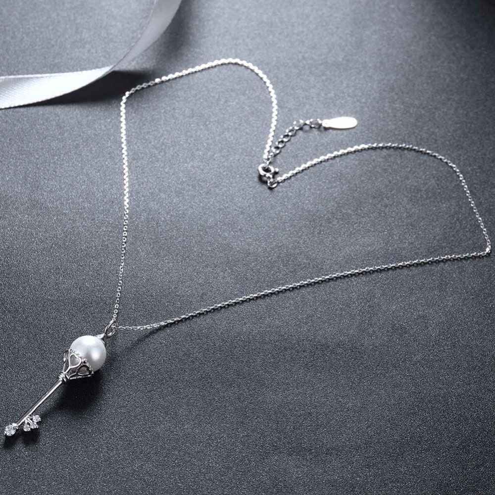 Solid Women’s 925 Sterling Silver Necklace with Key Design Simulated Pearl Pendant, Trendy Fashion Jewelry for Girls - Personalized Jewel