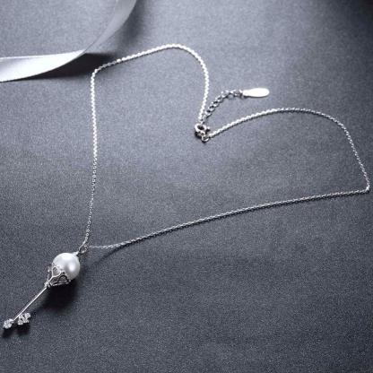 Solid Women’s 925 Sterling Silver Necklace with Key Design Simulated Pearl Pendant, Trendy Fashion Jewelry for Girls - Personalized Jewel
