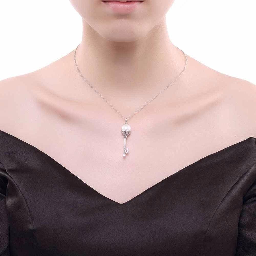 Solid Women’s 925 Sterling Silver Necklace with Key Design Simulated Pearl Pendant, Trendy Fashion Jewelry for Girls - Personalized Jewel