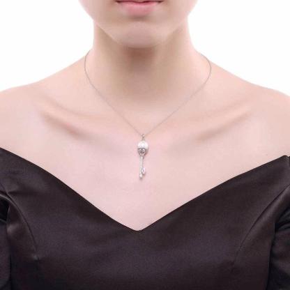Solid Women’s 925 Sterling Silver Necklace with Key Design Simulated Pearl Pendant, Trendy Fashion Jewelry for Girls - Personalized Jewel