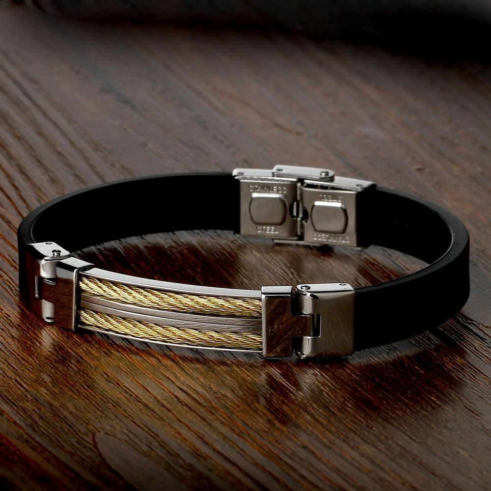 Stainless Steel Bracelet with Gold Colored Chained Charm- Stylish Bracelet Casual Wear for Men - Father's Day Gift - Personalized Jewel