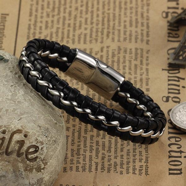 Stainless Steel Genuine Leather Wrist Bracelets for Men, Best Gift for Boyfriend on Special Occasion - Personalized Jewel