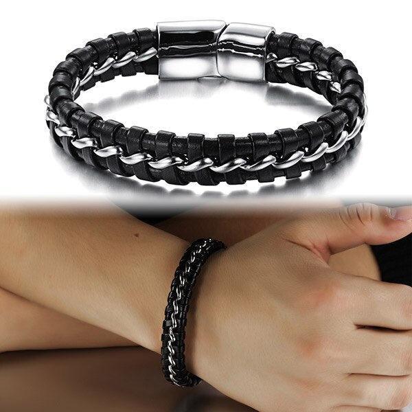 Stainless Steel Genuine Leather Wrist Bracelets for Men, Best Gift for Boyfriend on Special Occasion - Personalized Jewel