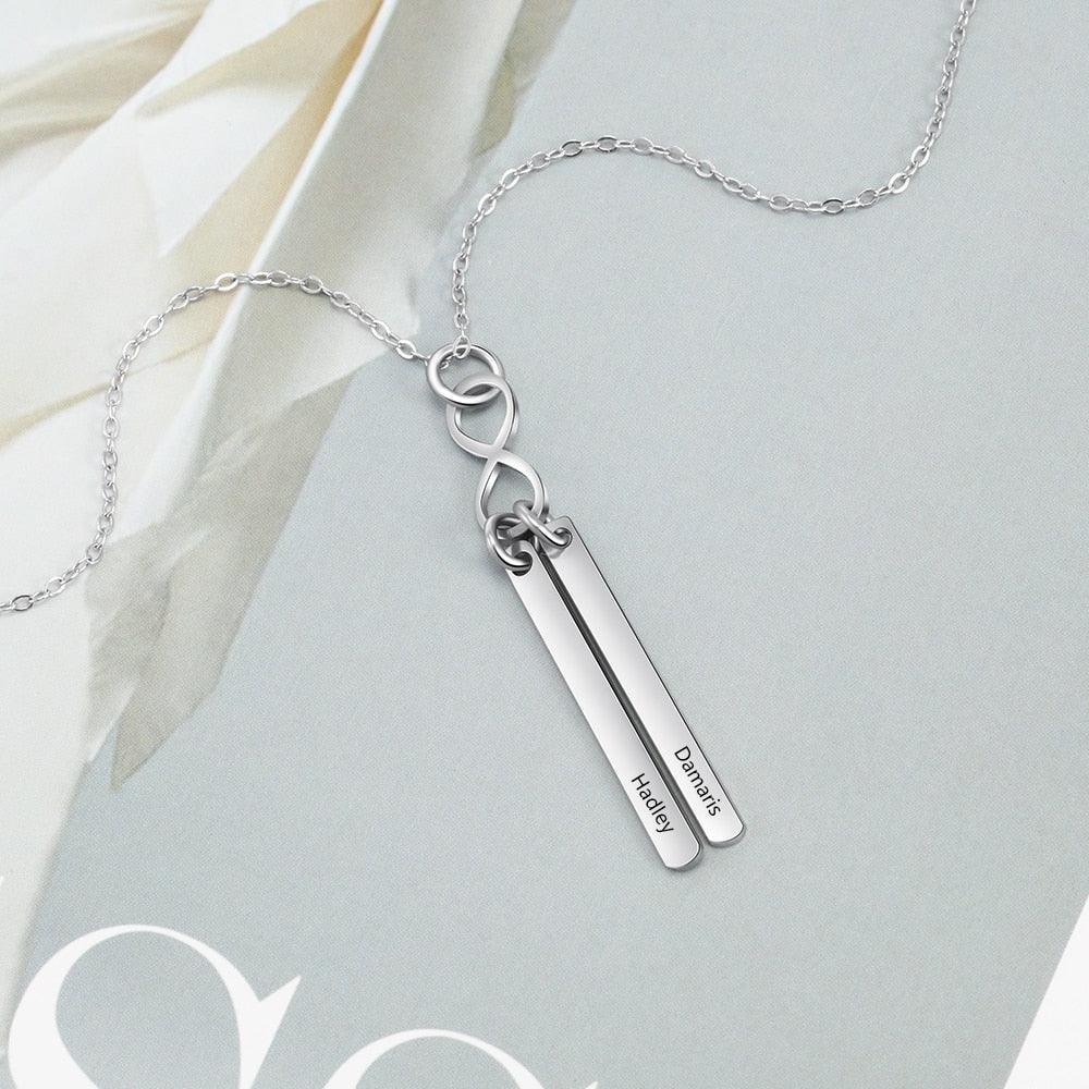 Stainless Steel Infinity Initial Name Vertical Bar Pendant Necklace, Fashion Jewelry Gift For Women. - Personalized Jewel