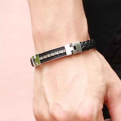 Stainless Steel Men Jewelry Rope Bracelet Genuine PU Leather Specail Button For Men Bracelet - Personalized Jewel