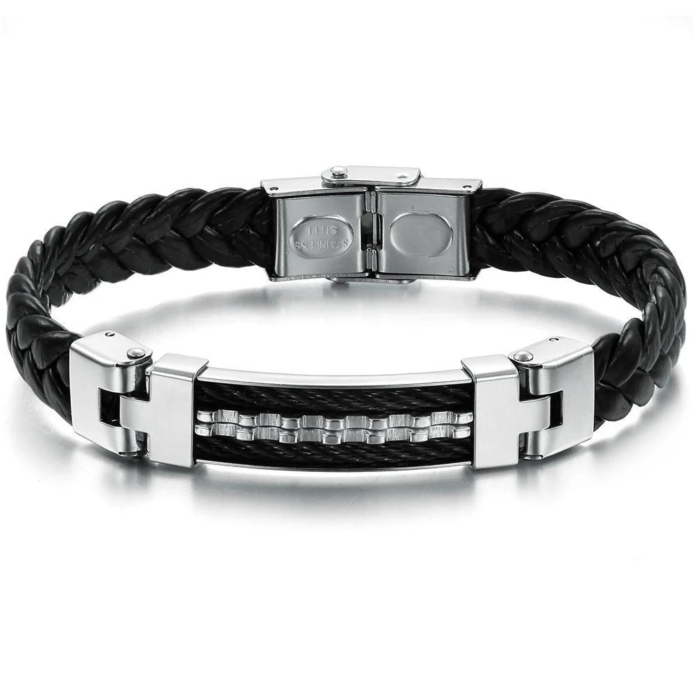 Stainless Steel Men Jewelry Rope Bracelet Genuine PU Leather Specail Button For Men Bracelet - Personalized Jewel