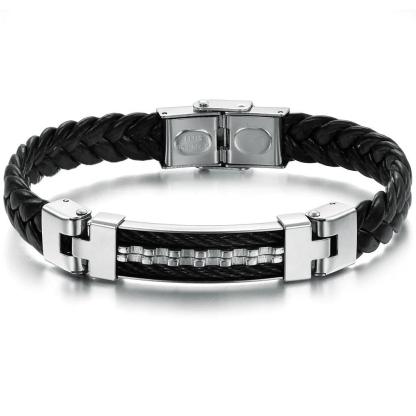 Stainless Steel Men Jewelry Rope Bracelet Genuine PU Leather Specail Button For Men Bracelet - Personalized Jewel