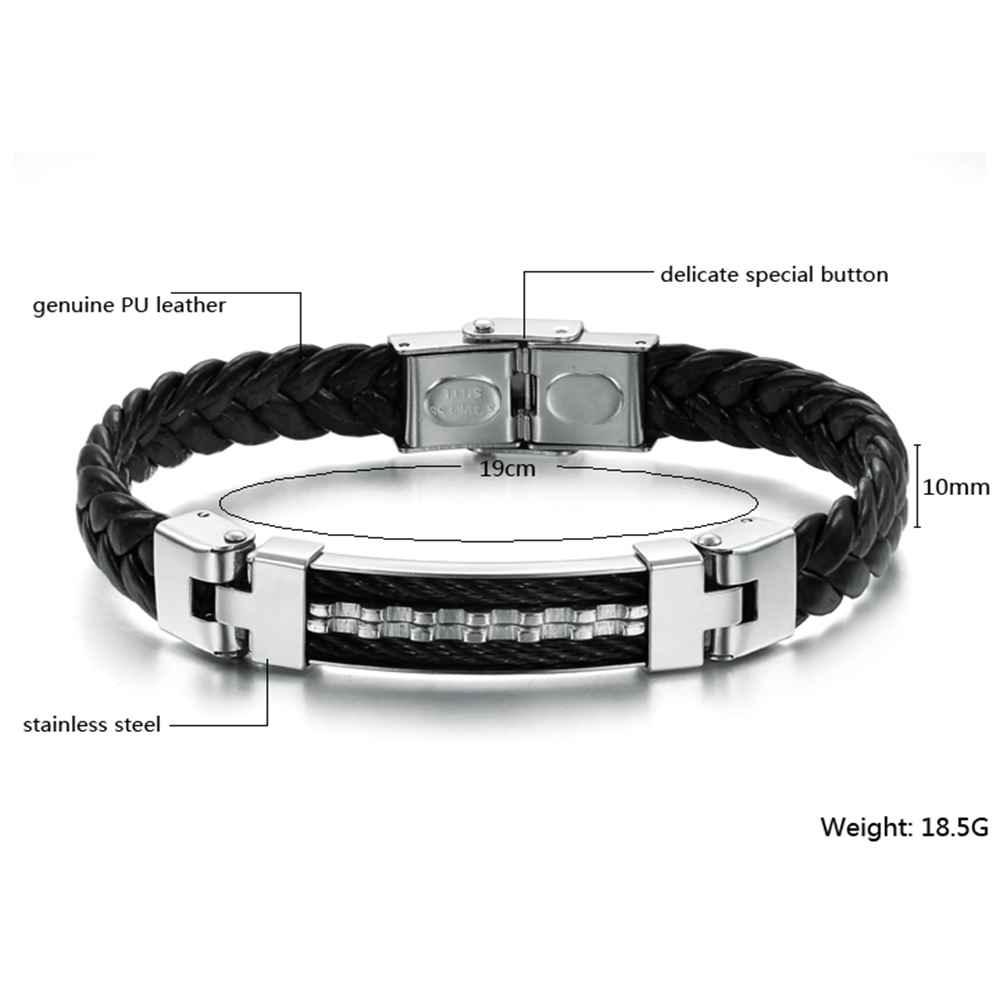 Stainless Steel Men Jewelry Rope Bracelet Genuine PU Leather Specail Button For Men Bracelet - Personalized Jewel