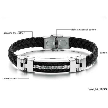 Stainless Steel Men Jewelry Rope Bracelet Genuine PU Leather Specail Button For Men Bracelet - Personalized Jewel