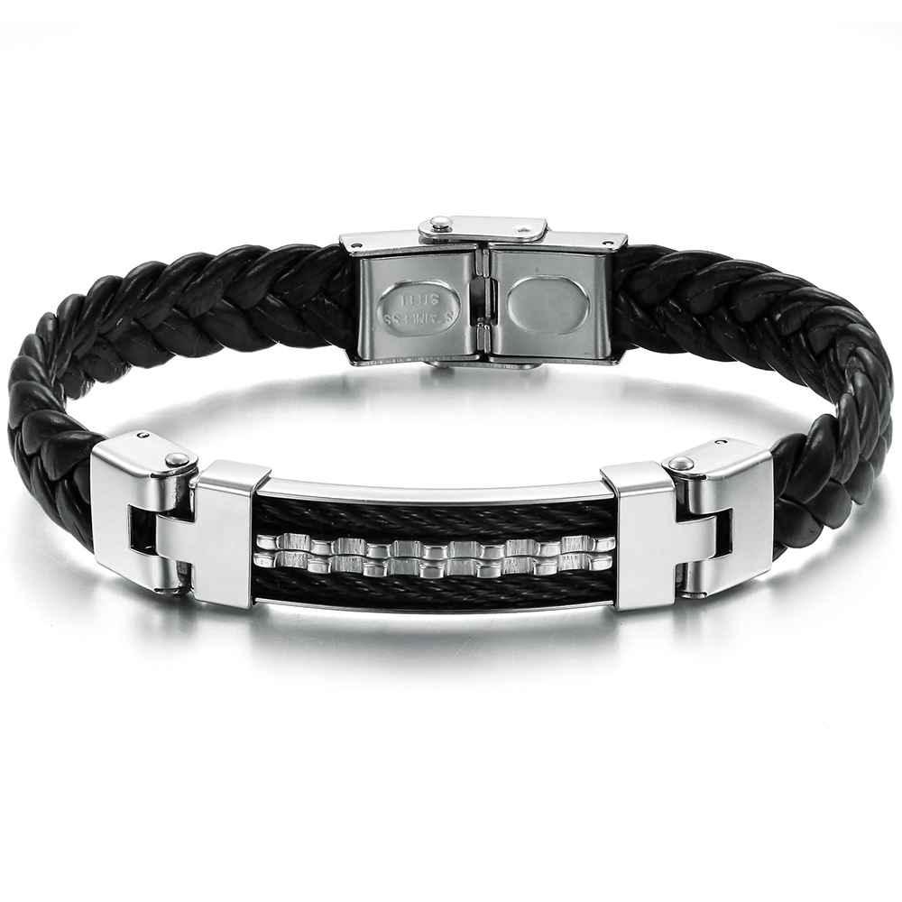 Stainless Steel Men Jewelry Rope Bracelet Genuine PU Leather Specail Button For Men Bracelet - Personalized Jewel