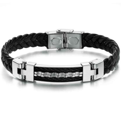 Stainless Steel Men Jewelry Rope Bracelet Genuine PU Leather Specail Button For Men Bracelet - Personalized Jewel