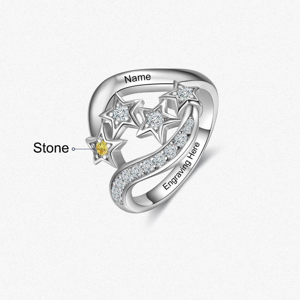 Star Personalized Silver Ring - 1 Custom Birthstone 1 Custom Name 1 Custom Engraving - Personalized Jewel
