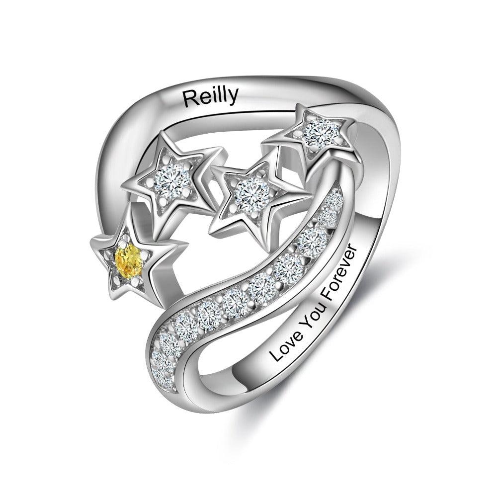 Star Personalized Silver Ring - 1 Custom Birthstone 1 Custom Name 1 Custom Engraving - Personalized Jewel