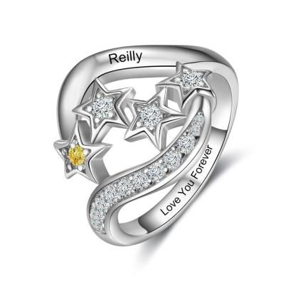 Star Personalized Silver Ring - 1 Custom Birthstone 1 Custom Name 1 Custom Engraving - Personalized Jewel