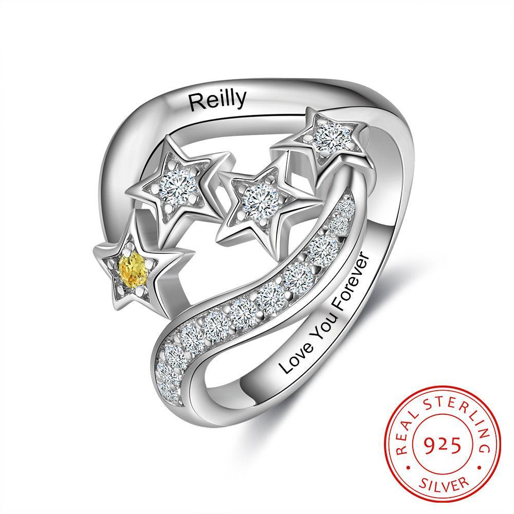 Star Personalized Silver Ring - 1 Custom Birthstone 1 Custom Name 1 Custom Engraving - Personalized Jewel