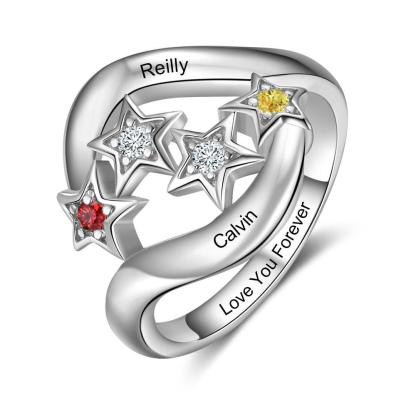Star Personalized Silver Ring - 2 Custom Birthstones 2 Custom Names 1 Custom Engraving - Personalized Jewel