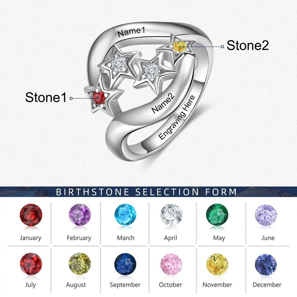 Star Personalized Silver Ring - 2 Custom Birthstones 2 Custom Names 1 Custom Engraving-Personalized Jewels