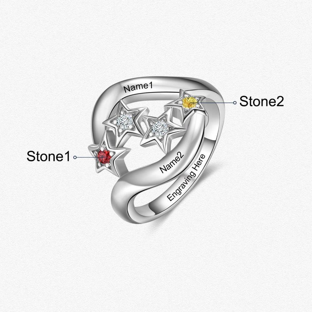 Star Personalized Silver Ring - 2 Custom Birthstones 2 Custom Names 1 Custom Engraving - Personalized Jewel