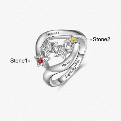 Star Personalized Silver Ring - 2 Custom Birthstones 2 Custom Names 1 Custom Engraving - Personalized Jewel