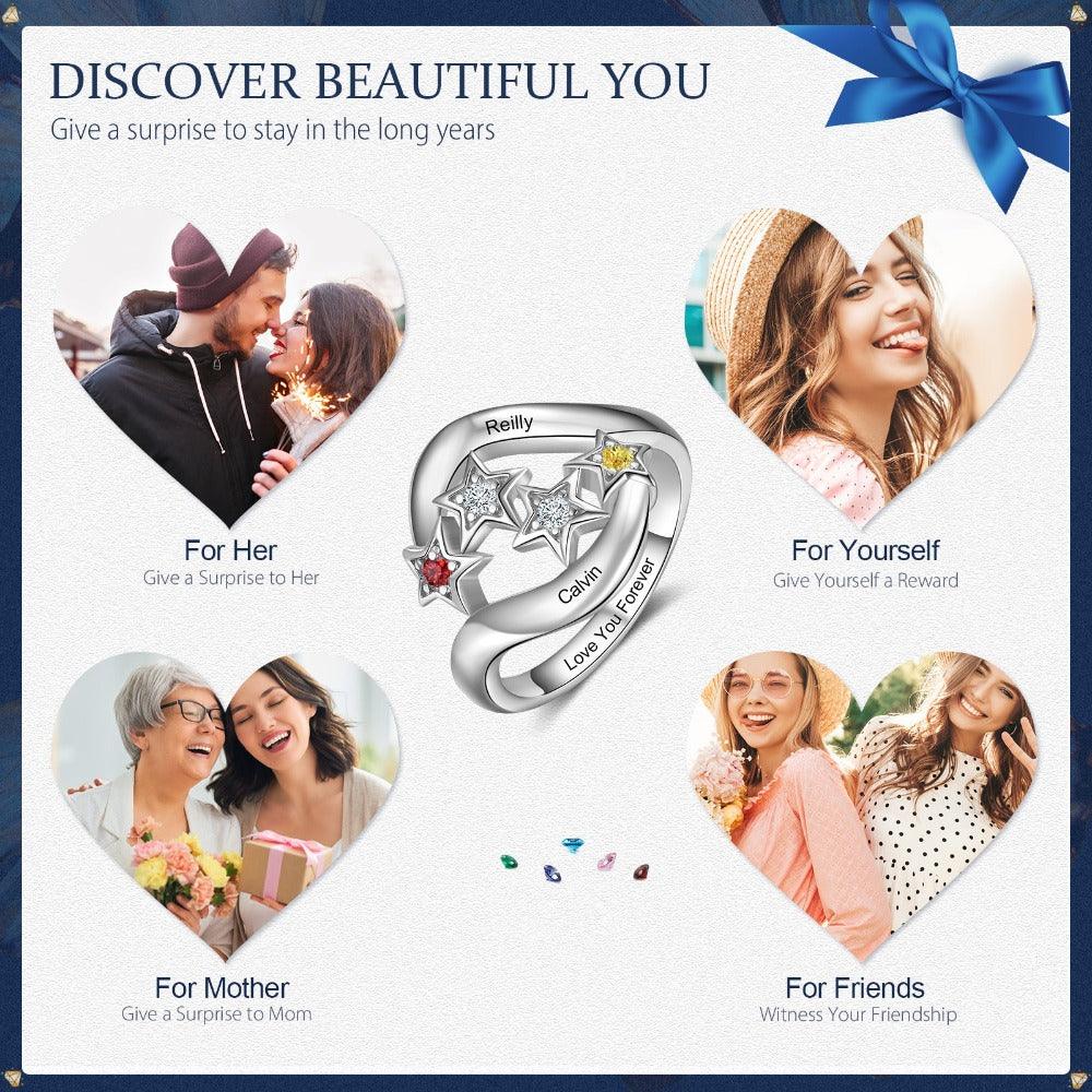 Star Personalized Silver Ring - 2 Custom Birthstones 2 Custom Names 1 Custom Engraving - Personalized Jewel