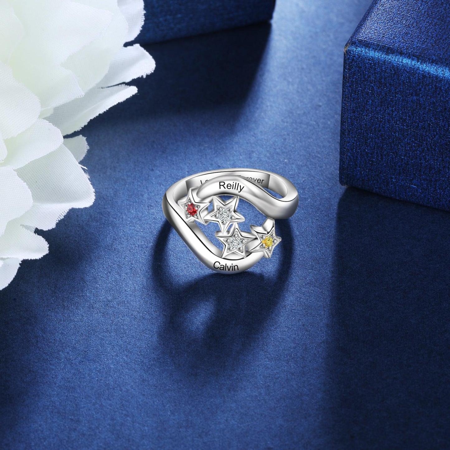 Star Personalized Silver Ring - 2 Custom Birthstones 2 Custom Names 1 Custom Engraving - Personalized Jewel