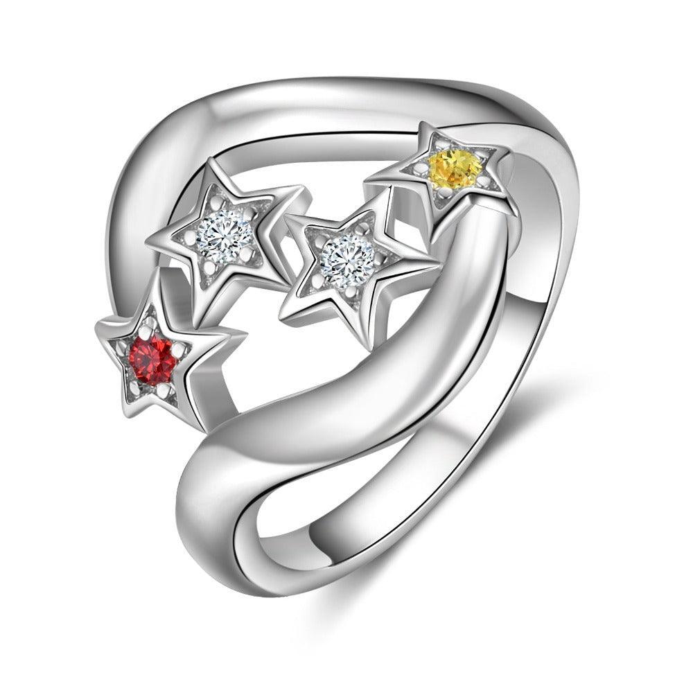 Star Personalized Silver Ring - 2 Custom Birthstones 2 Custom Names 1 Custom Engraving - Personalized Jewel