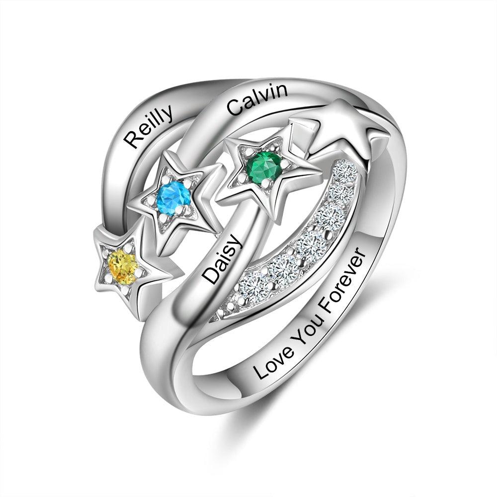 Star Personalized Silver Ring - 3 Custom Birthstones 3 Custom Names 1 Custom Engraving-Personalized Jewels