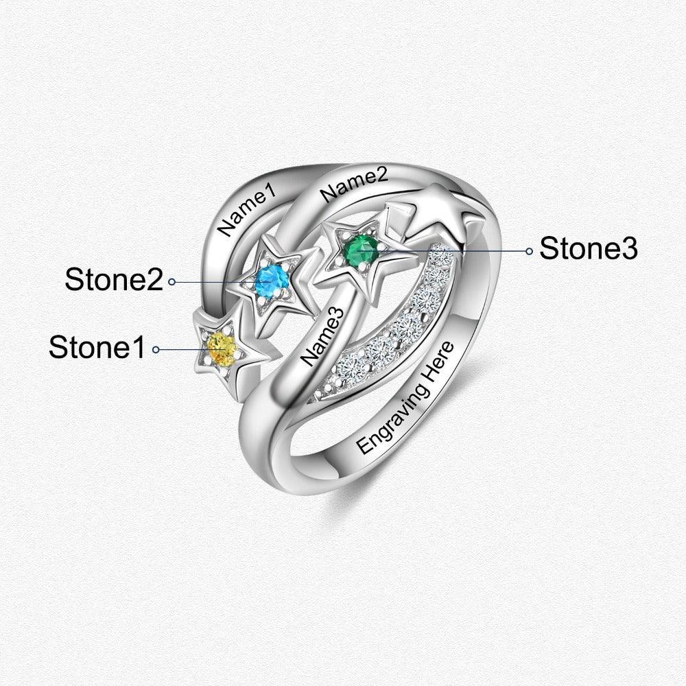 Star Personalized Silver Ring - 3 Custom Birthstones 3 Custom Names 1 Custom Engraving - Personalized Jewel