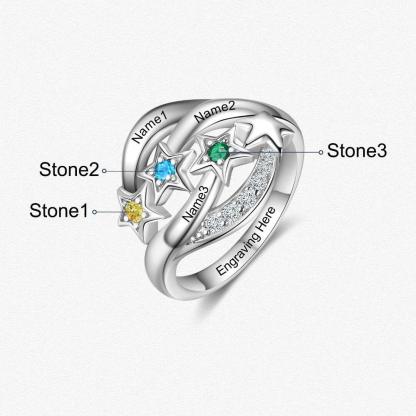 Star Personalized Silver Ring - 3 Custom Birthstones 3 Custom Names 1 Custom Engraving - Personalized Jewel