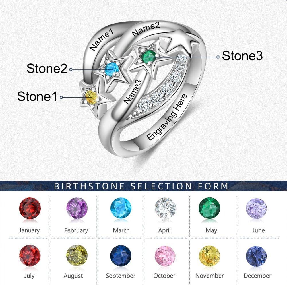 Star Personalized Silver Ring - 3 Custom Birthstones 3 Custom Names 1 Custom Engraving-Personalized Jewels
