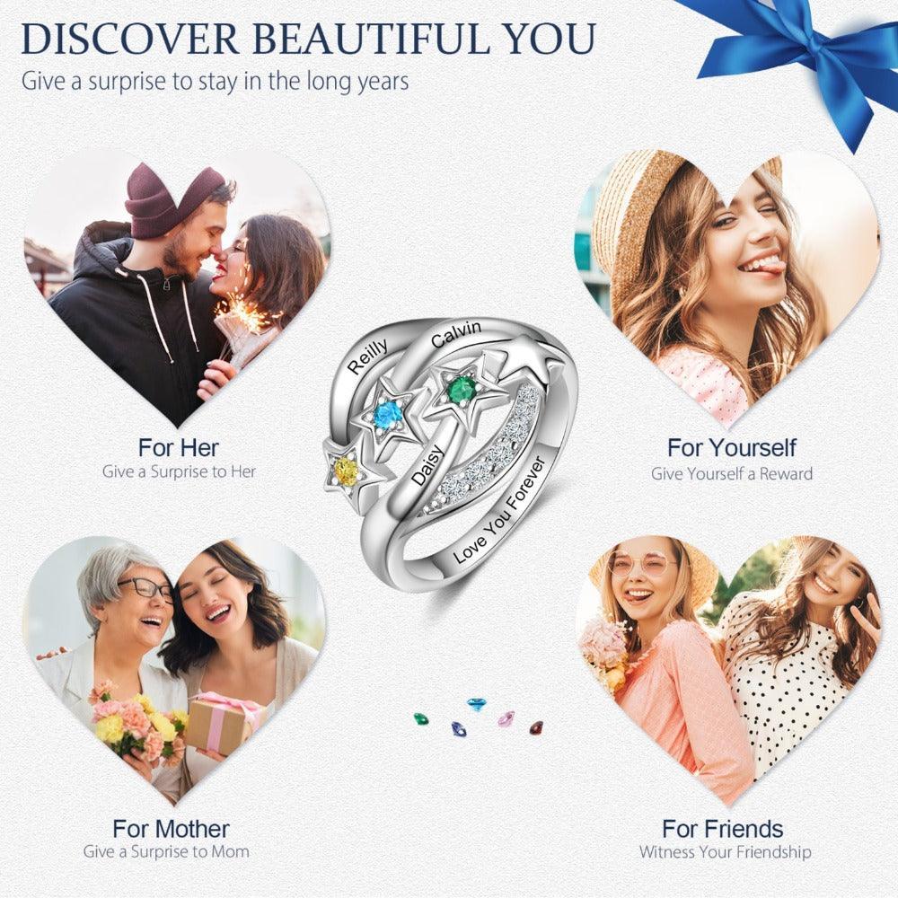 Star Personalized Silver Ring - 3 Custom Birthstones 3 Custom Names 1 Custom Engraving-Personalized Jewels